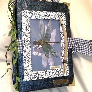 Junk Journal handcrafted blue flowers and dragonfly